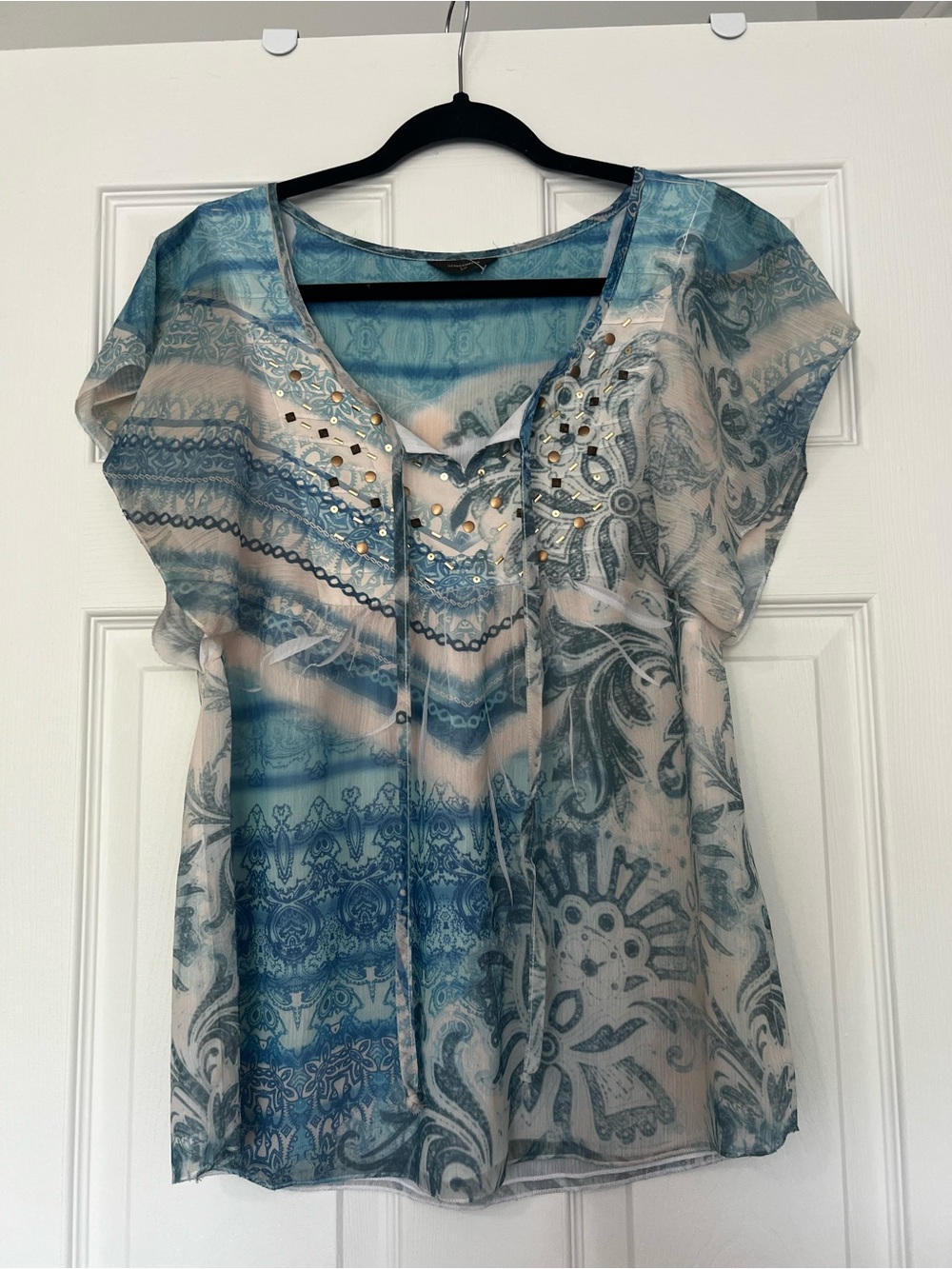 Denver Hayes Blue and Cream Embellished V-Neck Blouse